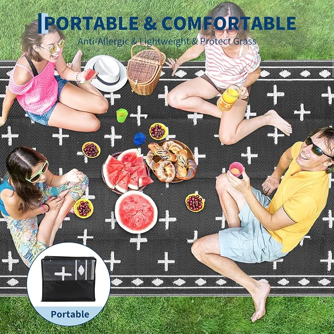 Outdoor Rug Waterproof 10x14 Outdoor Carpet Patio Rug Mat Modern Reversible RV Camping Rug Plastic Straw Outside Rug for Balcony Porch Deck Picnic Beach，Black/White