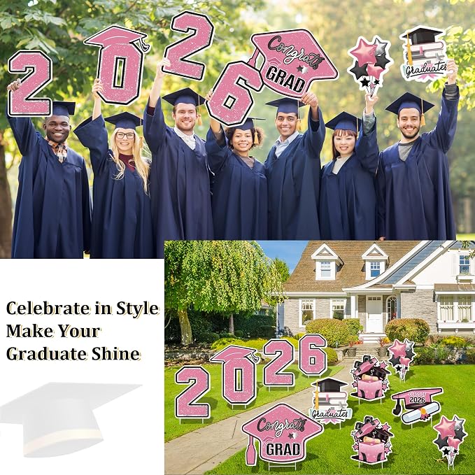 Large 11 PCS Graduation Yard Signs, Class of 2026 Congrats Grad Outdoor Lawn Yard Sign with Stakes, Graduate Yard Decorations for College High School Party, Pink