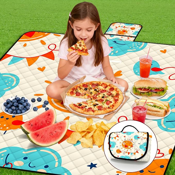 Poedist Extra Large Picnic Blanket Waterproof,80"x 80"Foldable Machine Washable Beach Blanket,Outdoor Blanket for 6-8 Adults,Suitable for Indoor Crawling,Park Beach,Camping,Hiking,Family Travel(Sun)