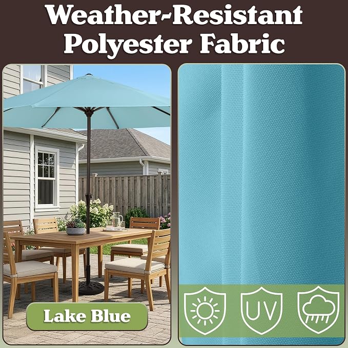 Pure Garden 9FT Round Patio Umbrella with 19lb Weighted Base - Easy Crank, Vented Canopy Outdoor Umbrella for Shade - For Deck, Balcony, Porch, Backyard, or Pool (Lake Blue)