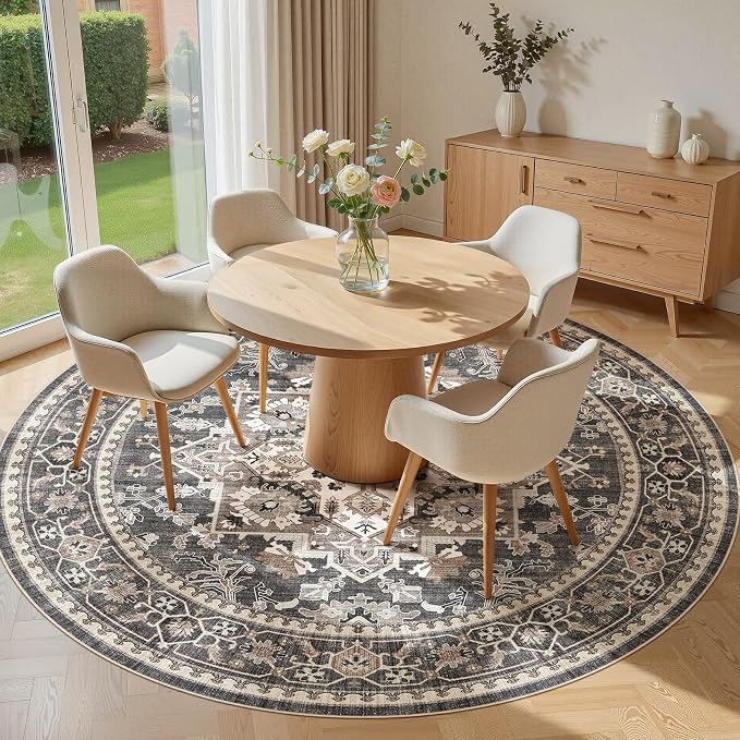Washable Area Rug-8X8 Vintage Neutral Soft Black | Non Slip Thin Foldable Large Floor Carpet for Living Room Bedroom Kitchen Dining Room Home Office Farmhouse Indoor