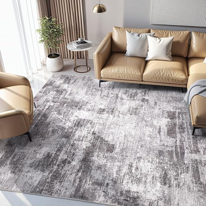 kakania Abstract 9x12 Area Rugs for Living Room: Washable Rugs Grey | Soft, Non-Slip, Low-Pile, Pet & Kid Friendly - Large Modern Home Decor Carpet for Bedroom/Dining Room/Office/Nursery