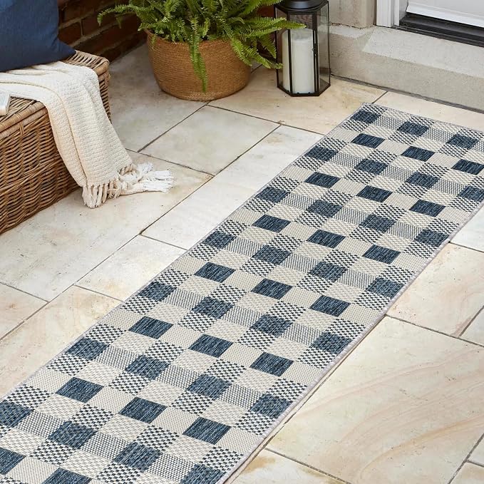 JONATHAN Y Geometric Bold Gingham Indoor Outdoor Runner Rug 2X8 Navy/Cream, Darcy Traditional for Backyard, Patio, Porch, Easy-Cleaning, High Traffic, Pet-Friendly, Non-Shedding (TSN201C-28)