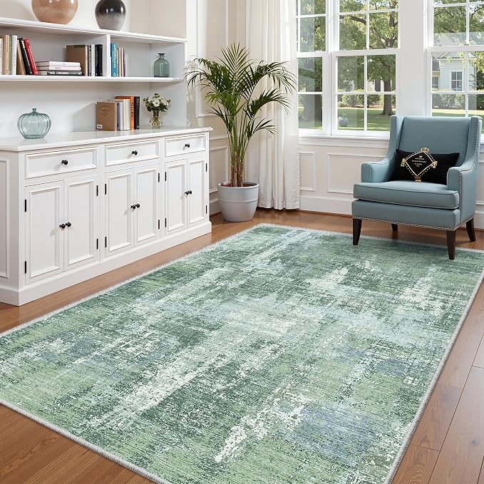 Valenrug 5x8 Area Rug, Abstract Washable Rugs for Living Room, Sage Green | Soft Thin & Lighweight, Folable, Stain Resistant Low Pile Non Slip Modern Distressed Carpet Rugs for Bedroom, Dining Room