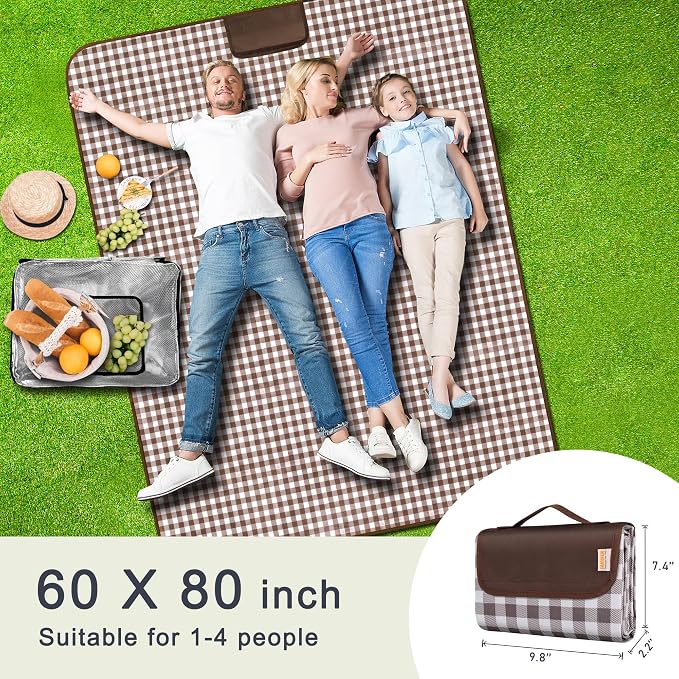 SAMSIER Outdoor Picnic Blankets Waterproof Foldable Sandproof, Large Gingham Cute Picnic Mat Washable Portable for Park Beach Camping Courtyard (Brown, 60"×80")
