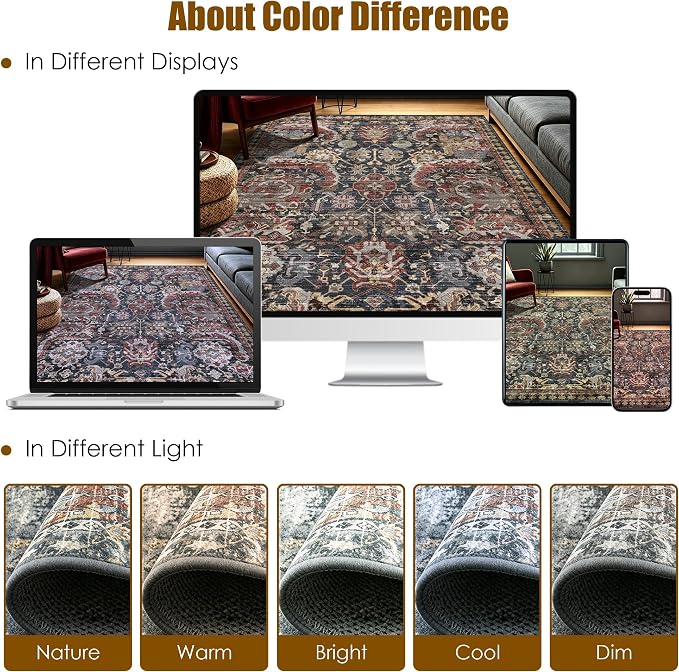 Washable Area Rugs - Perfect for Living Room, Bedroom, Kids Room, Nursery - Stain & Water Resistant Non-Slip, Pet & Child Friendly, Vintage Tribal Area Rugs (Rust, 5' x 7')