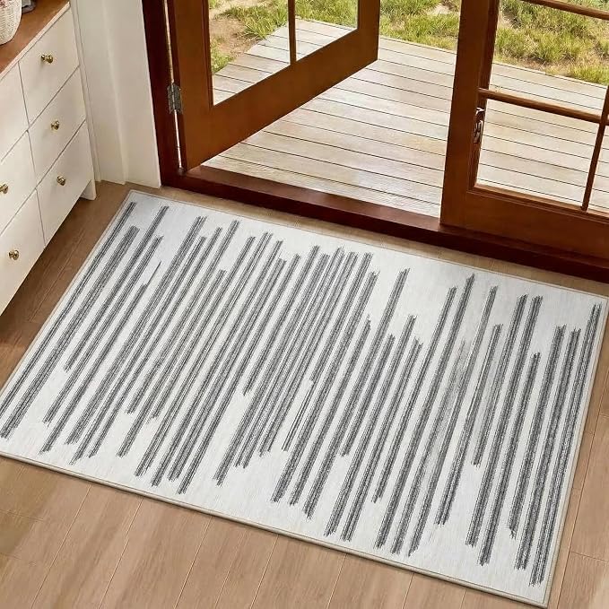 GarveeHome 2x3 Washable Rug for Hallway Bedroom Non Slip Low Pile Carpet | Modern Striped Small Entryway Rugs Geometric Stain Resistant Soft Kitchen Rug, Black Grey