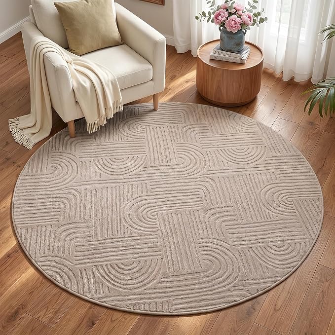 Etwel 5.2 ft Taupe Geometric Textured High-Low Pile Washable Round Rug | Modern Soft Carpet, Non-Slip PVC Backing, Low Profile, Kid and Pet Friendly, for Living Room, Bedroom, Dining Room, Nursery