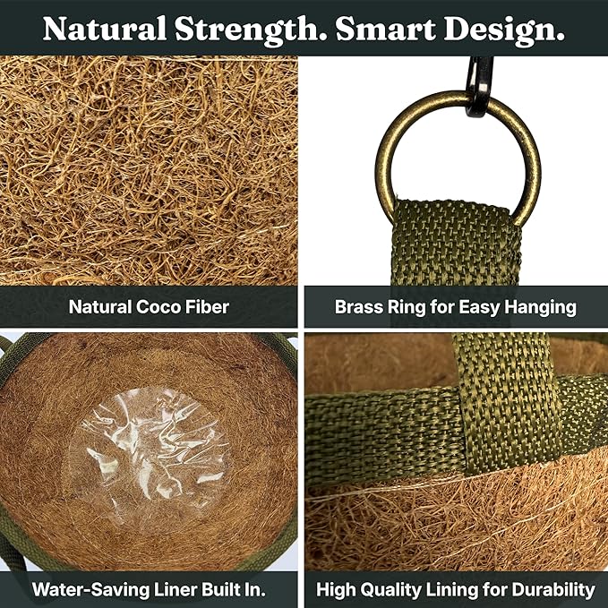 15 Inch Handmade Coco Fiber Hanging Basket 2 Pack - Hanging Planter for Outdoor Plants - Natural Boho Rustic Coconut Coir Oversize Decorative Flower Pot Holder for Porch Patio Balcony Garden