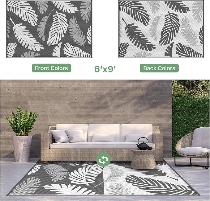 GENIMO Waterproof Outdoor Rug 6' x 9' for Patio Decor, Reversible Plastic Straw Area Rugs for Camping Clearance, RV Mat, Large Outside Carpet for Porch, Deck, Picni, Balcony, Garden, LightGrey & White