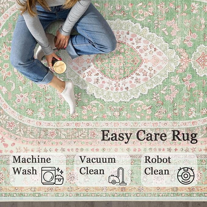 Small Rugs 2x3,Green Rug for Entryway Entrance Doormat Boho | Vintage Bohemian Distressed Washable Oriental Accent Floor Throw Carpet for Bathroom Bedroom Non Slip,Sage Blush Floral