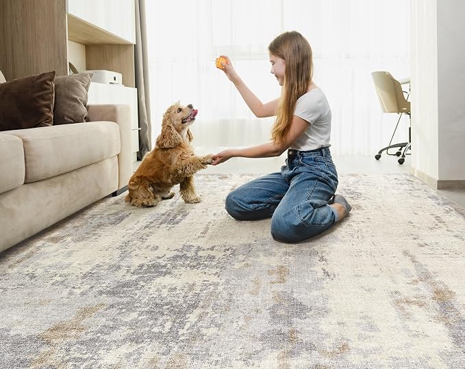 UERMEI 9x12 Area Rug Living Room Rugs - Washable Neutral Modern Abstract Soft Thin Rug Indoor Floor No Slip Rug Carpet for Bedroom Under Dining Table Home Office Decor - Light Brown/Gray
