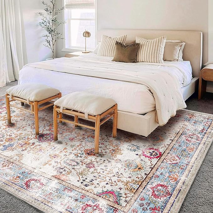 CHAMPLANT Washable Area Rug 8'x10' Vintage Traditional Mat Distressed Indoor Foldable Accent Thin Rug Retro Floral Non Slip Carpet Living Room Dining Room Office