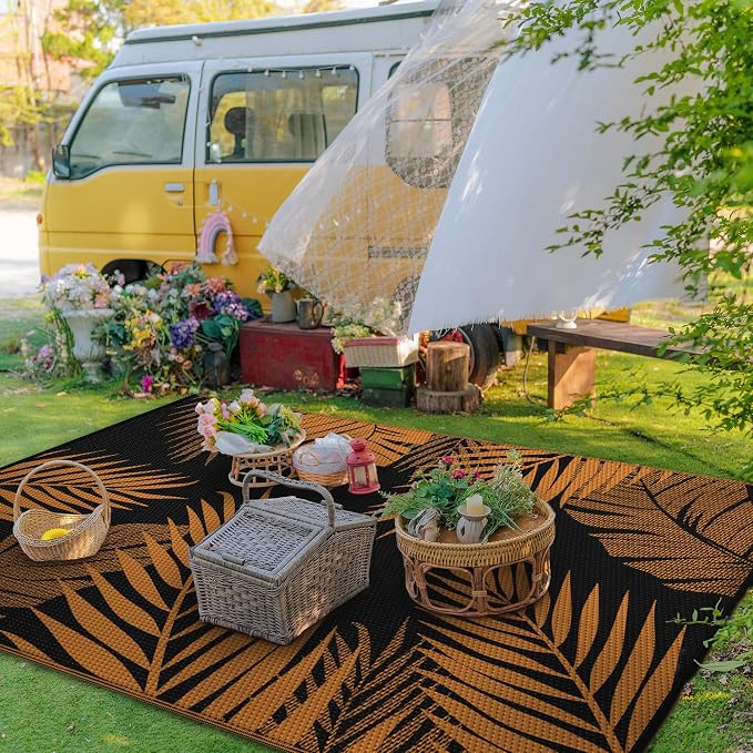 GENIMO Outdoor Rug 6' x 9' Waterproof for Patios Clearance, Reversible Outdoor Plastic Straw Camping Rug Carpet, Large Area Rugs Mats for RV, Camper, Deck, Balcony, Porch, Beach, Picnic, Orange&Black