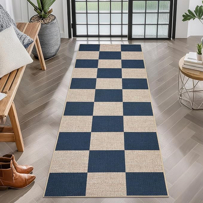 GarveeHome Easy Jute Rugs 2x8 Checkered Kitchen Runner Rugs Non Skid Washable Stain Resistant Indoor Outdoor Rugs for Living Room, Bedroom, Dining, Patio - Farmhouse Style Navy Blue