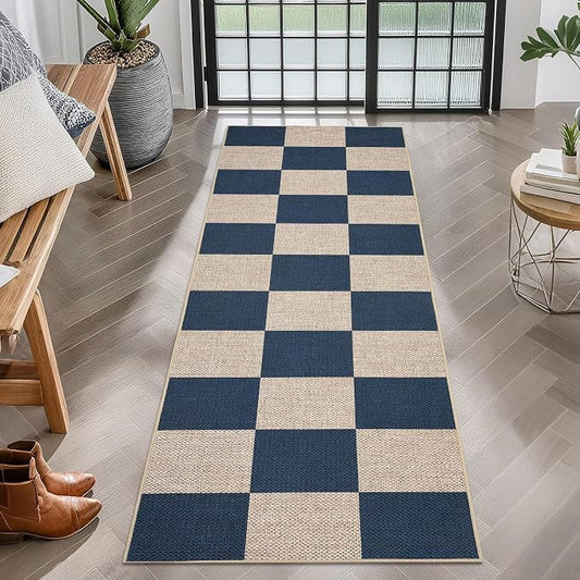GarveeHome Checkered Easy Jute Runner Rug 2x6 Non-Slip Machine Washable Stain Resistant Indoor Outdoor Rugs for Living Room, Bedroom, Kitchen, Dining, Patio - Farmhouse Style Navy Blue