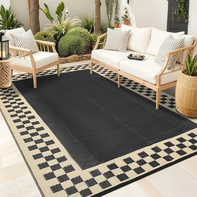 9x12 Outdoor Rug Waterproof Foldable Plastic Straw Carpet for Patio Porch Modern Geometric Border Reversible Mat Lightweight Floor Mat for Picnic, Backyard, Rv, Beach, Deck，Black/Coffee