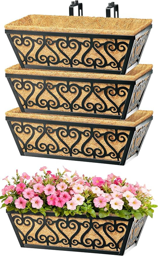 4 Pack 16 Inch Deck Railing Planter Box - Window Boxes Planters with Adjustable Brackets Coco Liners Balcony Planters Railing Hanging for Window Flower Boxes Outdoor Garden Decor