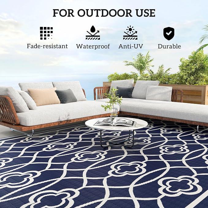Outsunny Outdoor Rug for Patio, 9' x 18' Waterproof Large Mat, Reversible Plastic Straw Rug for Decor, Portable Outside RV Camping Area Carpet Mat for Backyard Porch Deck Picnic, Blue & White Lantern