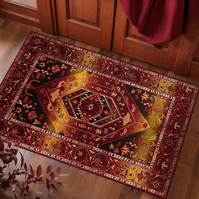 SERISSA 2x3 Washable Non Slip Boho Small Area Rug for Entryway | Ultra Soft Vintage Oriental Carpet Low-Pile Rustic Red Gold Indoor Mat for Bedroom Kitchen Bathroom Entrance Floor