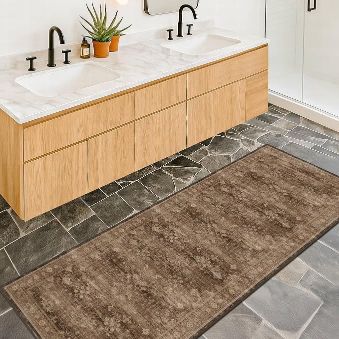 Brown Boho Washable 2x7 Runner Rugs for Hallway Kitchen Bedroom Beside Laundry Room Bathroom Rug, Pet & Kids Friendly, Non Slip Low Pile Stain Resistant Soft Faux Wool Long Dark Earthy Floor Carpet
