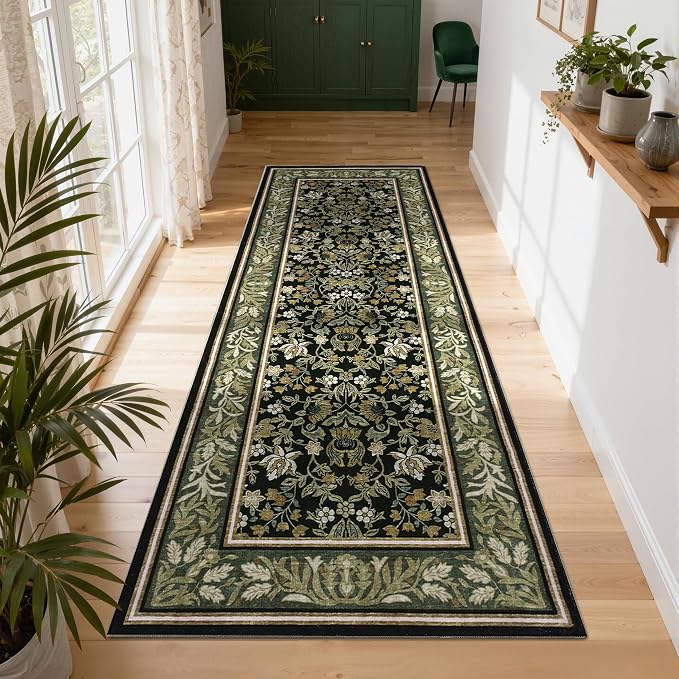 GarveeHome 2.5x10 Runner Rug Non Slip Washable Hallway Runners Green Black | Boho Vintage Runner Rugs with Rubber Backing Soft Low-Pile Stain Resistant Indoor Long Carpet for Kitchen Entryway Bedroom