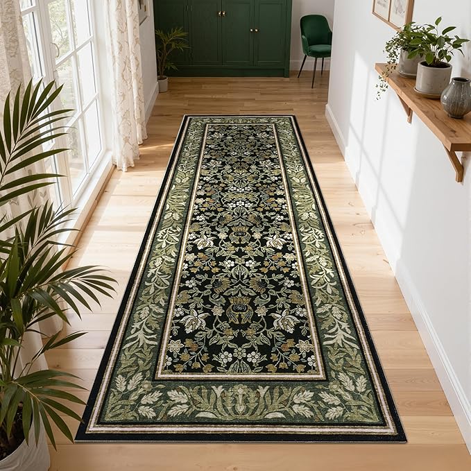 GarveeHome 2.5x8 Runner Rug Non Slip Washable Hallway Runners Green Black | Boho Vintage Runner Rugs with Rubber Backing Soft Low-Pile Stain Resistant Indoor Long Carpet for Kitchen Entryway Bedroom
