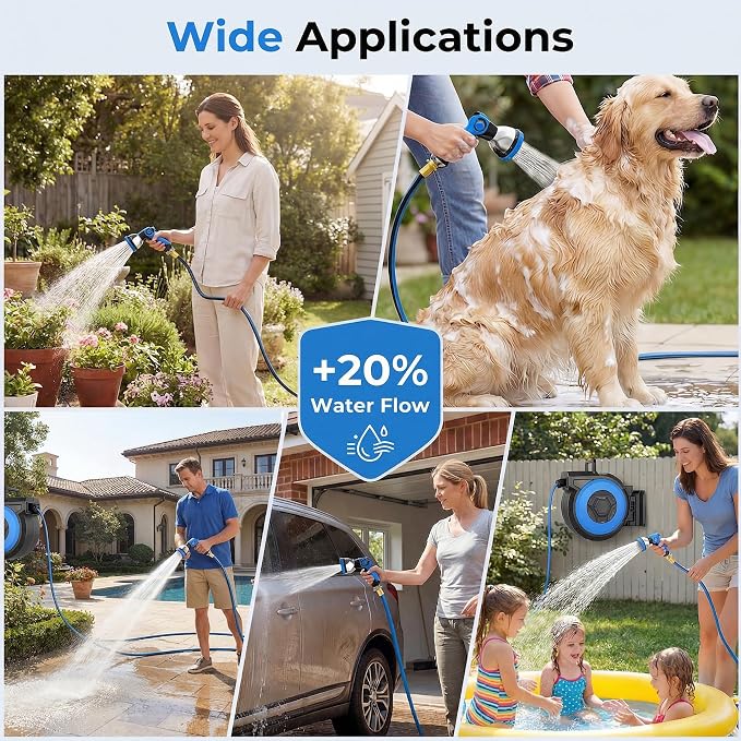 Retractable Garden Hose Reel, 1/2" x 131FT Heavy Duty Automatic Retractable Hose Reel Wall Mount, with 10- Function Sprayer Nozzle, Any Length Lock/Auto Rewind/180°Swivel