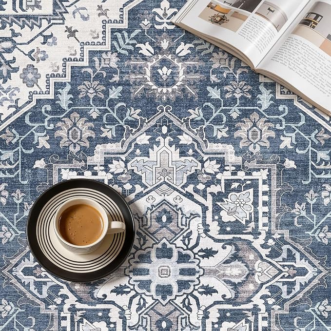 UERMEI 8x10 Area Rug for Living Room - Washable Vintage Carpet, Non-Slip Soft Large Indoor Floor Rugs for Bedroom Home Office & Under Dining Table Decor, Denim Blue/White