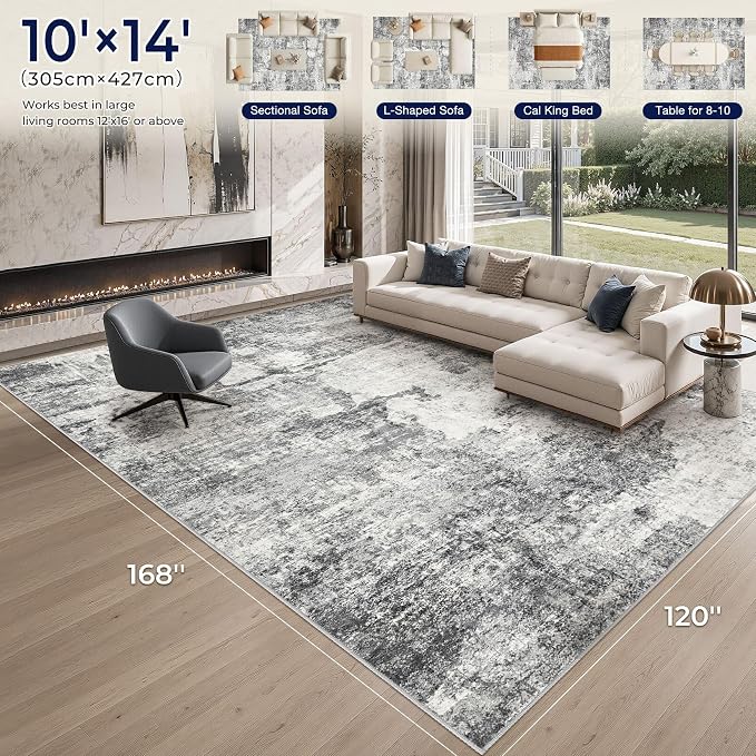 DMOYEST 10x14 Area Rug for Living Room Washable Abstract Indoor Carpet | Neutral Modern Low Pile Rugs Kid & Pet Friendly Large Soft Thin Carpet for Bedroom Dining Room and Office - Grey