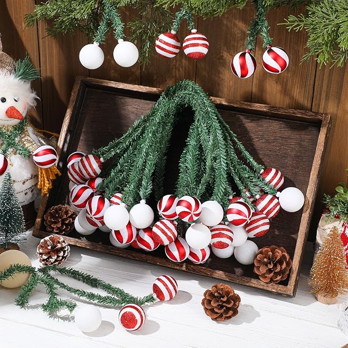 Dingion 30 Pcs 20 Inches Christmas Garland Ties with Balls Decorative Twist Ties for Banister Stairs Railing Reusable Flexible Twist for Home Xmas Holiday Decor Gift Craft Wrapping(Red White Stripe)