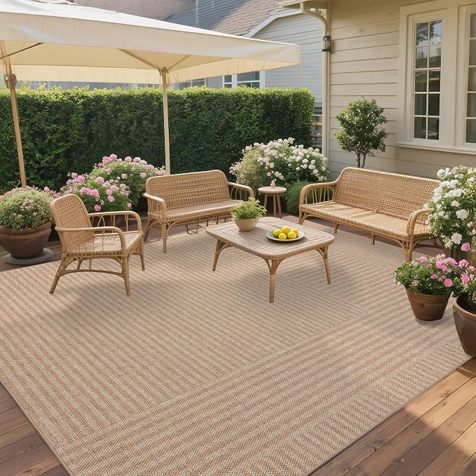 Easy Jute Rug 8x10 Outdoor: Natural Area Rugs for Patio Linen-Look Durable - Neutral Large Washable Carpet for Living Room Bedroom Dining Room Non-Slip - Beige Stripes