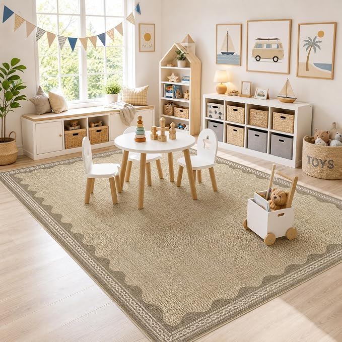 GarveeHome Washable Rugs 5x7 Rug for Living Room, Scalloped 5 x 7 Rug Solid Tan Jute Digital Printing Modern Low-Pile Carpet for Bedroom Dining Nursery Non Slip Mat with Rubber Back