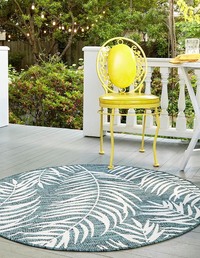 Unique Loom Outdoor Botanical Collection Area Rug - Palm (4' 1" Round, Teal/ Ivory)