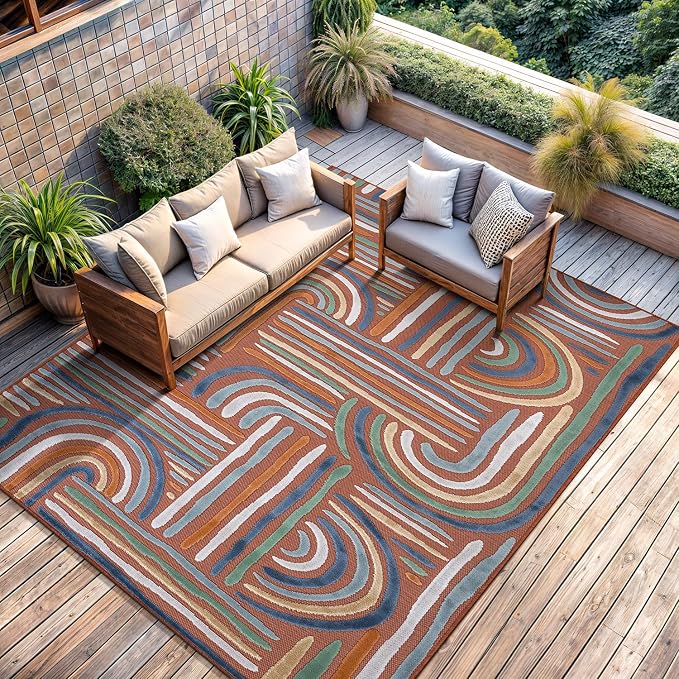 CAMILSON Indoor Outdoor Rug, Orange 10x14 Geometric Arch Striped Large Area Rugs for Patio and Home Areas, Easy-Cleaning Non-Shedding Living Room, Garden and Deck Washable Outside Carpet (10 x 14)