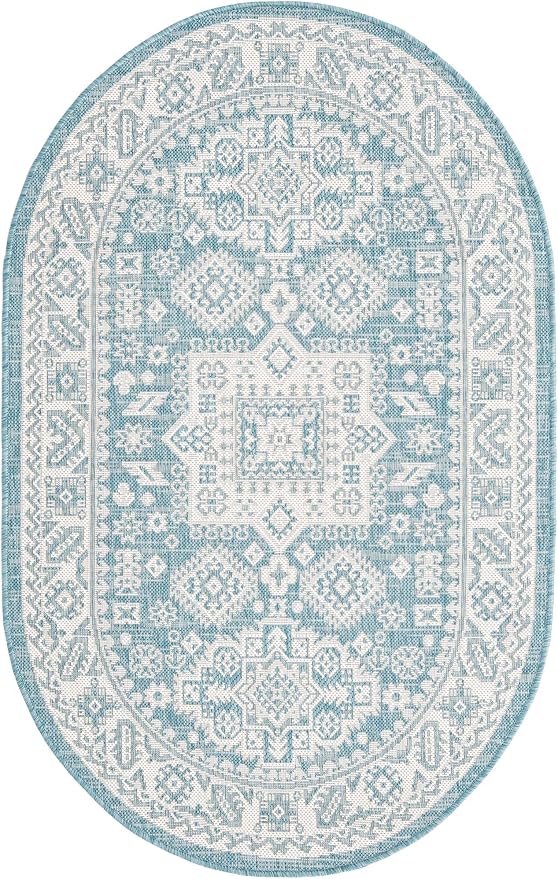 Unique Loom Outdoor Aztec Collection Area Rug - Chalca (3' 3" x 5' 3" Oval, Aqua/ Ivory)