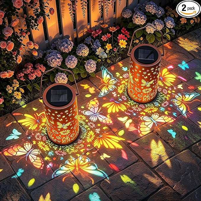 2-Pack Colorful Butterfly Solar Lanterns Outdoor Waterproof, Upgraded Garden Decor Metal Butterfly Hanging Solar Lantern for Outside Patio Tree Table Front Porch Decor, Gifts for Mother Grandma Women