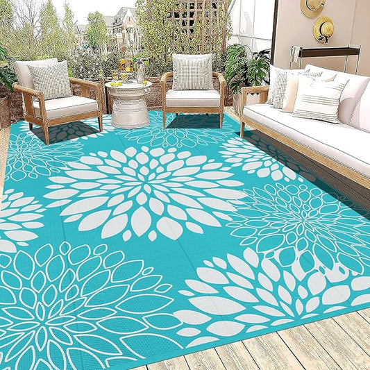 Ileading Waterproof Outdoor Rug 9x12, Reversible Plastic Straw Patio Rug, Portable Indoor Outdoor RV Camping Mat Carpet for Deck, Porch, Balcony, Backyard, Picnic, Floral Teal