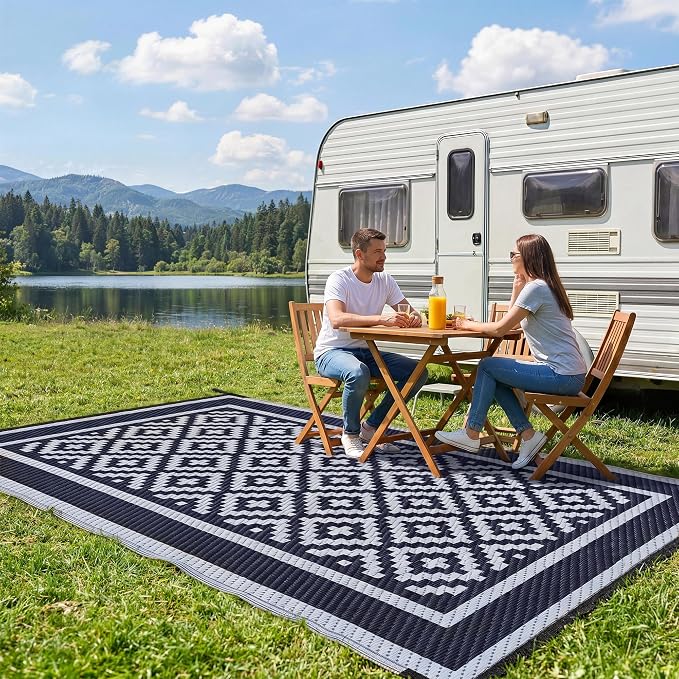 Kohree RV Outdoor Rug 9x12 Reversible, Waterproof Patio Mat with 4 Stakes & UV Fade Resistant, Non-Slip Outdoor Camping Mat for Deck, Picnic, Backyard, Includes Carry Bag (Blue)