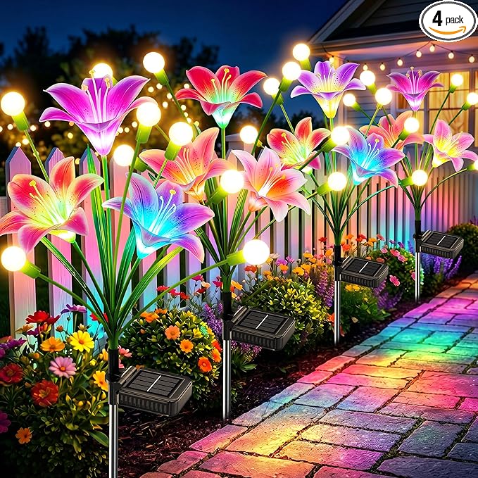 Solar Garden Lights Outdoor: 4 Pack 2-in-1 Color Changing Solar Lily Flower Lights with Firefly Swaying Light, Waterproof Garden Decor for Yard Patio Flowerbed Lawn, Gardening Gifts for Women