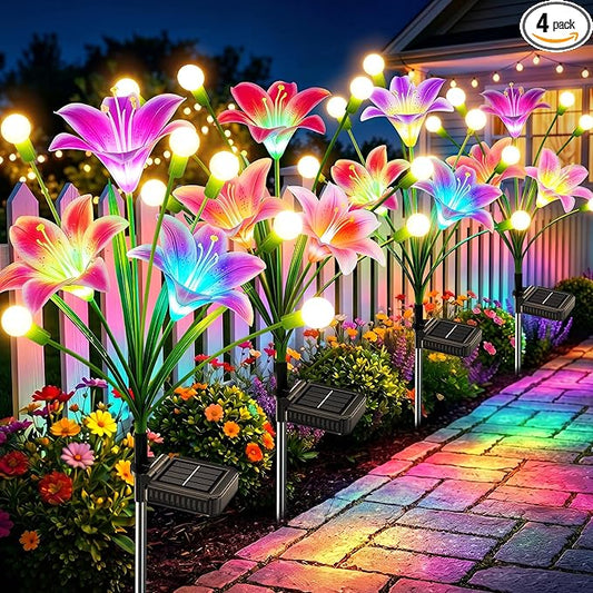 Solar Garden Lights Outdoor: 4 Pack 2-in-1 Color Changing Solar Lily Flower Lights with Firefly Swaying Light, Waterproof Garden Decor for Yard Patio Flowerbed Lawn, Gardening Gifts for Women