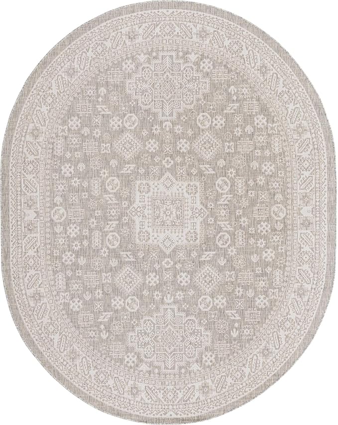 Unique Loom Outdoor Aztec Collection Area Rug - Chalca (7' 10" x 10' Oval, Light Gray/ Ivory)
