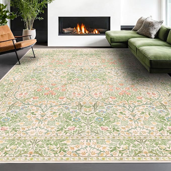 Washable Light Green Rug for Bedroom - 9x12 Large Area Rug for Dining Room Under Table, Living Room, Soft Low Pile Carpet for Playroom - Vintage Floral Non-Slip Stain Resistance (9x12 Beige Green)