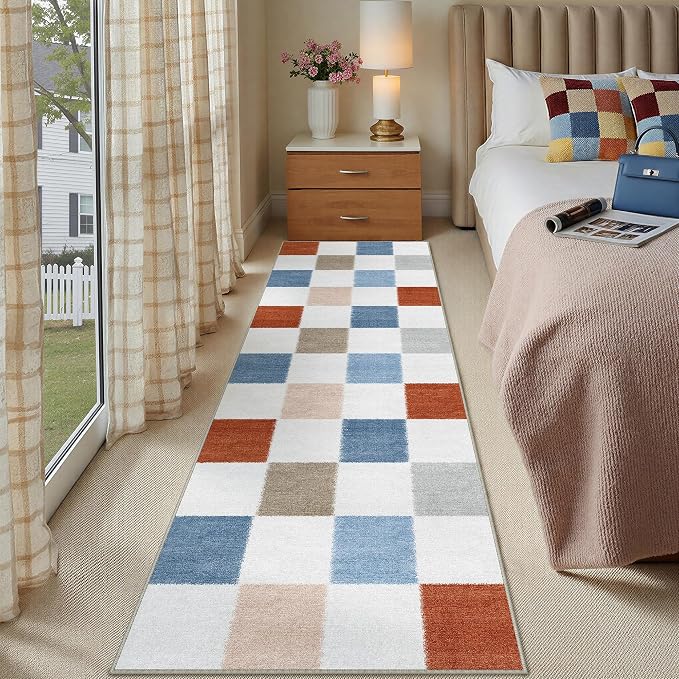 2x8 Washable Runner Rug Kitchen Colorful Non Slip Checkered Carpet | Soft, Low Pile, Modern, Pet Friendly, Indoor Rugs for Hallway, Entryway, Laundry Room, Bathroom