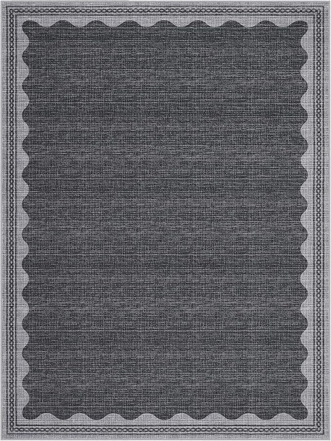 8x10 Scalloped Area Rugs Grey Washable Living Room Bedroom Rug | Solid Tan Rug for Bedroom Girls, Non Slip Throw Carpet With Rubber Back, Soft Dorm Nursery Scalloped Rugs for Dining Room