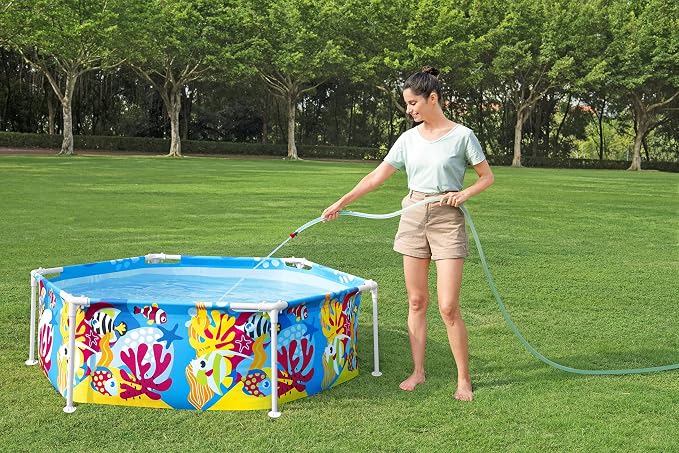 Bestway Steel Pro Frame Pool with Sun Protection Roof Splash-in-Shade Without Pump Diameter 183 x 51 cm Colourful Underwater Design Round