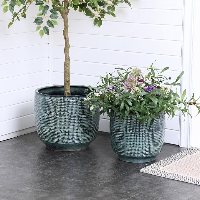 LuxenHome 15.75" Dia Large Ceramic Pots for Plants, Modern Green Glazed Planters for Outdoor Plants, Round Indoor Flower Pots with Drainage Hole and Rubber Plug for Home Garden Patio