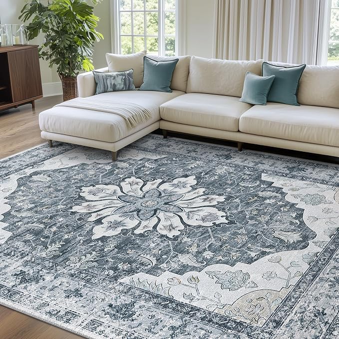 RELEANY Washable Area Rug, 8'x10', Grey/White/Beige | Non-Slip, Water Repellent, Pet Friendly, Easy to Clean, Vintage Floral Boho Decor for Living Room Bedroom Dining Room