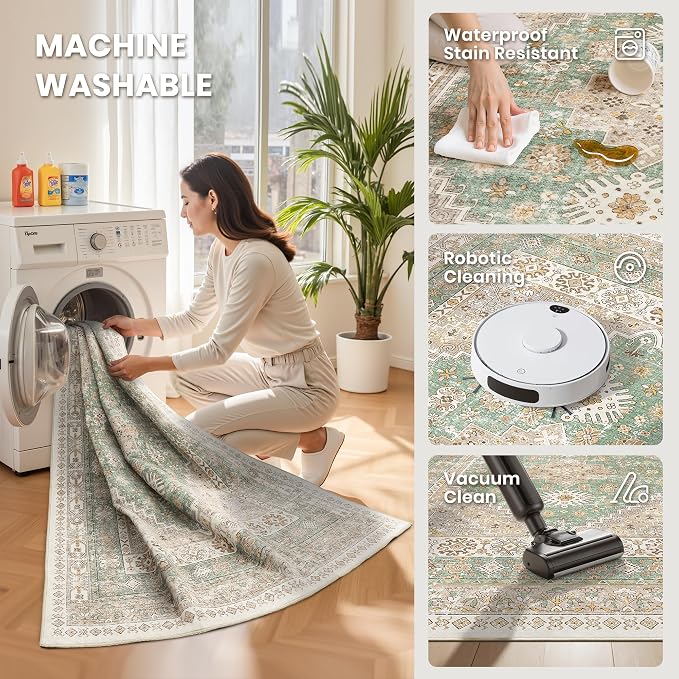 9x12 Area Rugs for Living Room,Large Washable Rug,Green | Rugs for Bedroom,Dining Room,Office,Low Pile,Soft, Vintage Rug,Stain Resistant Indoor Carpet,Non Slip,Home Decor