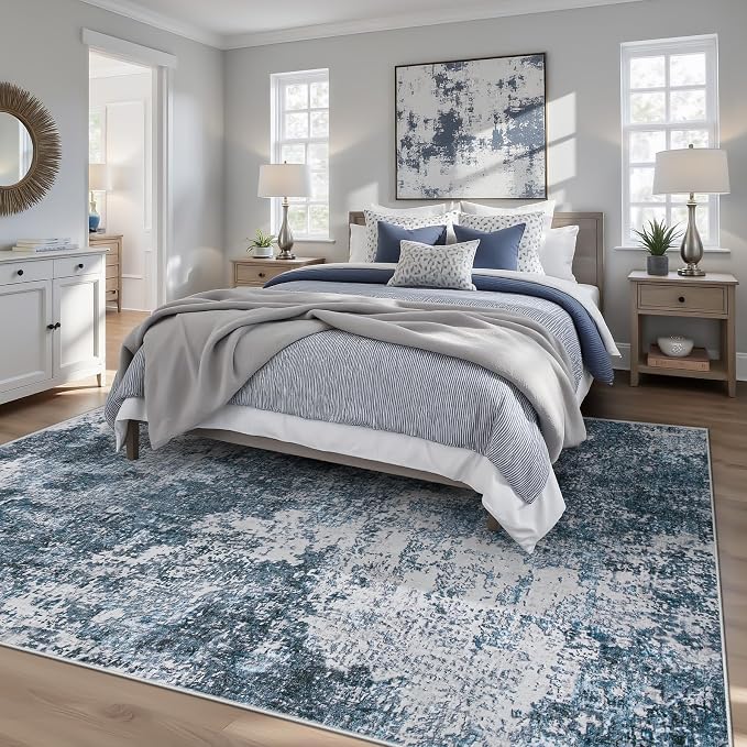 pmtsns Area Rugs 6x9 for Living Room: Washable Rug Modern Abstract Neutral Soft Non-Slip Low-Pile Indoor Carpet for Bedroom Dining Room Playroom Home Office (Blue Grey, 6'x9')